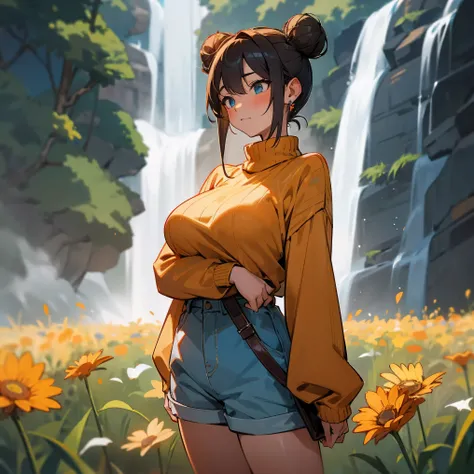 1female, adult, big breast, tan skin, finely detailed azure eyes, short wavy buns, orange ombre hair color, loose oversized sweater, shorts, tattoos, blushing, standing in flower field, waterfall, night, village background, sleepy expression, earrings 