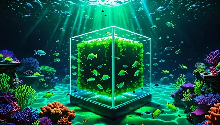 A mysterious, futuristic cube is floating deep in the dark depths of the ocean floor.。There are neon green lights running randomly around the cube.。Surrounded by schools of fish and coral reefs.。