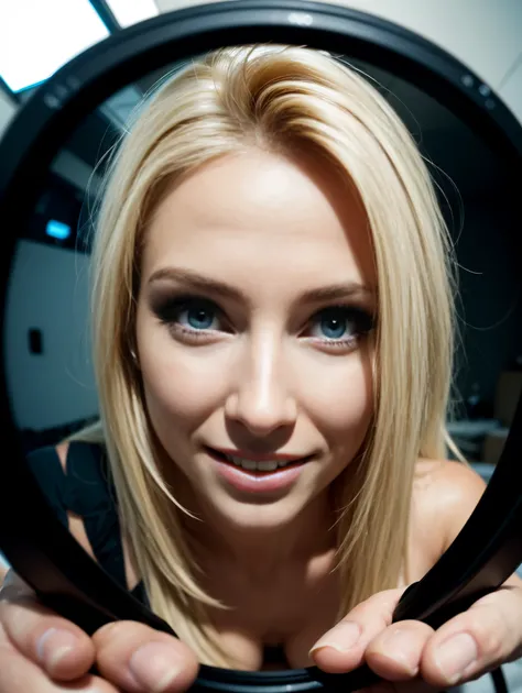 (((fisheye 5mm lens)))), extreme closeup from above, laughing,  an ultra hot gorgeous european woman, age 23. Shes a playmate, men magazine supermodel. blonde hair. At night. in her shower, naked, wet hair, wet skin.  Eye-Level Shot, Ultra-Wide Angle, Cano...