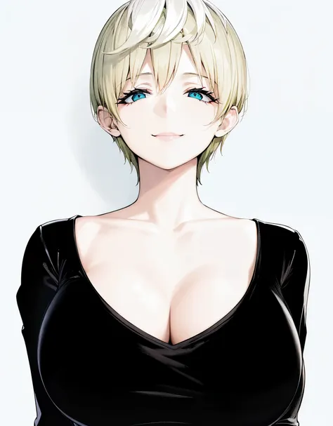 1 milf, short hair, big breasts, wearing a black t-shirt that shows her cleavage, smiling