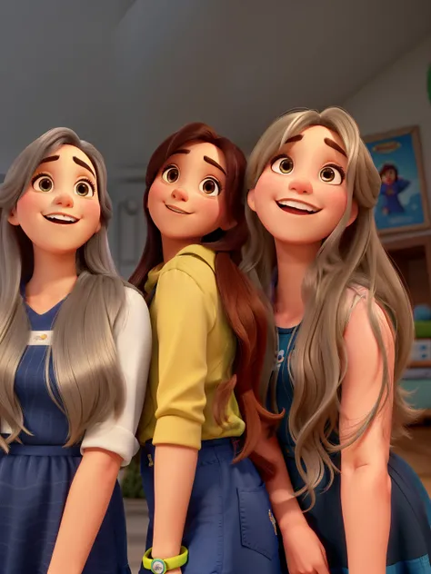 three friends, vestido preto, a sorrir, cabelo comprido castanho, estilo disney pixar, alta qualidade, melhor qualidade