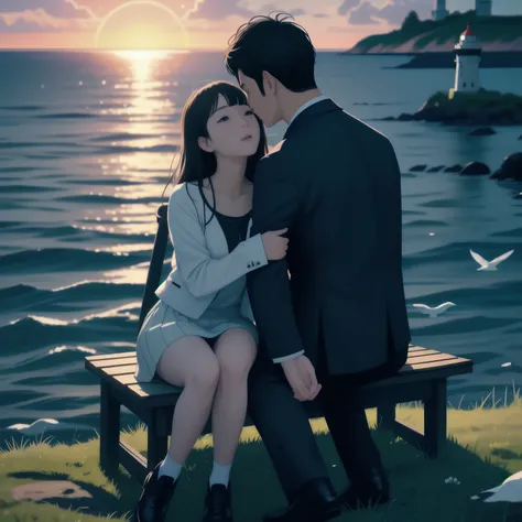 (Masterpiece, High Quality, Couple, Date, Bench, (((Lighthouse))), Sunset, Romantic, In love, 1 man and 1 woman, 1.5), (Shiny skin, Realistic, Detailed, Cinematic, Award-winning, Physically-based rendering, High resolution, 8K Wallpaper), (Man with suit an...