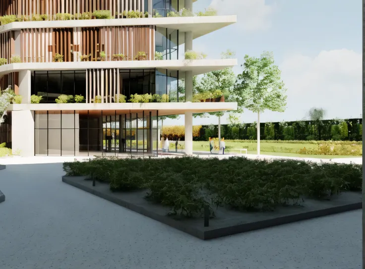 rendering of a modern building with a courtyard and a garden, architectural render, professional render, architecture render, architectural visualisation, detailed rendering, detail render, digital rendering, award-winning render, architectural visualizati...
