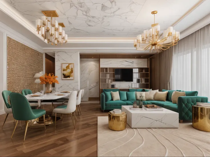 luxury livingroom interior, luxurious interior style,
turquoise and orange color scheme, marble, golden grout, mirror, crystal, ...