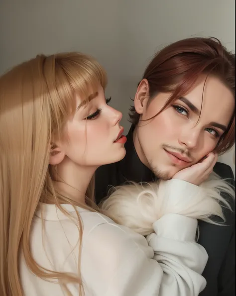 blonde-haired woman with red lipstick and a man with red lipstick, xqc, sakimichan y frank franzzeta, por Eva Frankfurther, flequillo de cortina, Kissing us together beautifully, sakimichan frank franzzeta, by Emma Andijewska, con flequillo, foto de perfil...