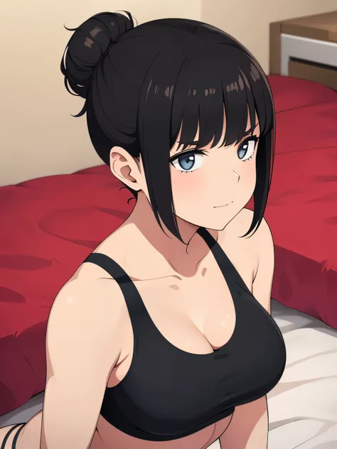 1girl, short black hair, messy bun, sport bra, medium breasts, not smile, laying on bed