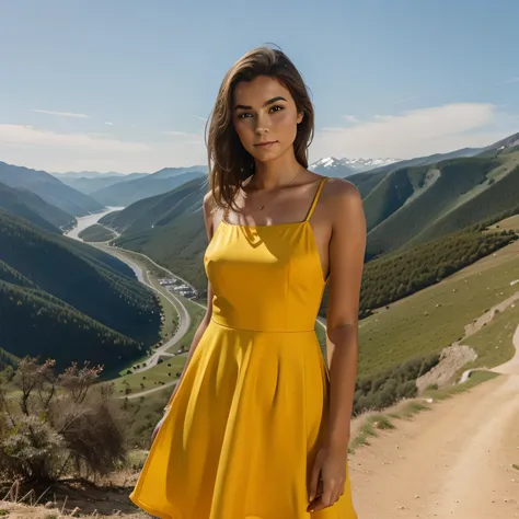 
1Girl 16 years old, Lange Haare, Klein , saftiger Arsch, braunes Haar, nackte Schultern, braune Augen, Schmuck, full whole body, realistisch, tanned skin in a yellow sexy dress hiking in the mountains with phenomenal views over the valley landscape