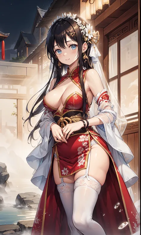 top quality，best resolution，(soaked的白色长旗袍），super detailed, she has a white twin tail，20 years old young girl，gorgeous的雕纹，design ...