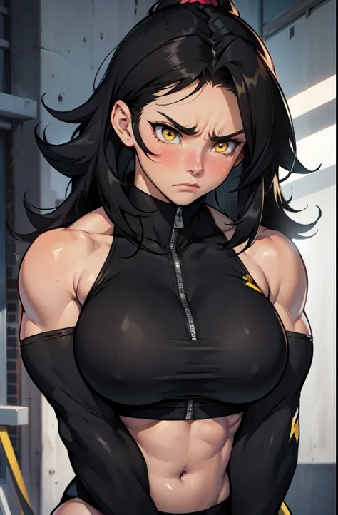 huge hair huge muscles girl sad frown blush angry pale skin black hair yellow eyes female