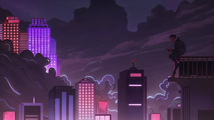 Cartoon image of a man standing on a ledge in front of the city, Purple Future City, Purple Cyberpunk City, anime style cityscape, vaporwave city, approaching the city, night city background, neon background city, night city background, synthwave city, ran...