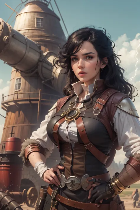 Beautiful female, 35 years old, female, frizzy black hair, pale skin, dnd 5e, artificer, standing next to small cannon that is blasting fireball spells at a tall windmill, photorealistic steampunk fantasy scene