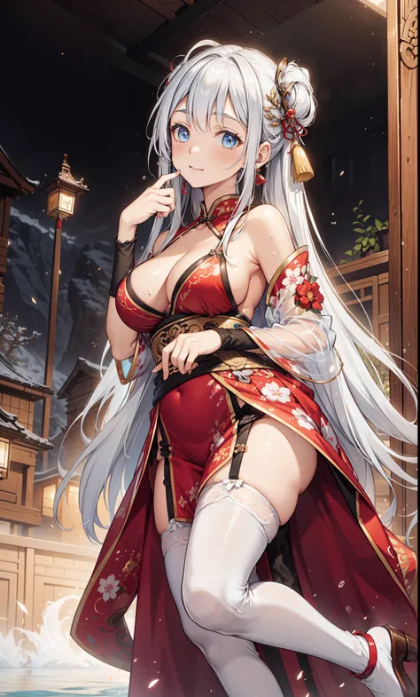 top quality，best resolution，(Soaked的白色长旗袍），super detailed, She has a white twin tail，20 years old young girl，Gorgeous的雕纹，Design intricate clothes，blue eyes，she has earrings, wealth，Gorgeous， Chinese headdress，Elegant and charming，Slightly curvy figure，((Wh...