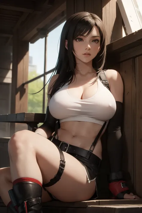 (masterpiece, best quality, cinematic, photorealistic, ultra-detailed), 1girl, sexy body, (Tifa Lockhart), (wide shot, from below:1.5), perfect hands, wide hips, (bursting breasts, large cleavage:1.3), round ass, (Tifa has very dark hair, varying brown to ...