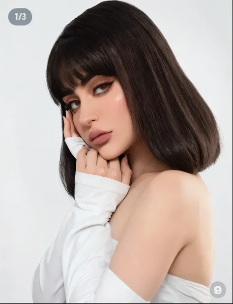 un primer plano de una mujer con un top blanco y guantes, retrato de haifa wehbe, charli xcx, con flequillo, con flequillo completo, Lalisa Manobal, joey rey, pale skin persian girl, flequillo blanco, dilraba dilmurat, flequillo recto, aykut aydogdu, Kylie...