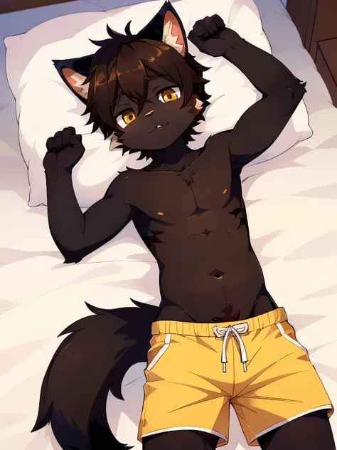 Digital drawing of a male furry character (young teen), cute, animal-like limbs, wears shorts, topless, dark brown fur, dark brown body, (dark skin), tabby with darker stripes, lying on the bed on his back, average body complexion, full body art, anthro ca...