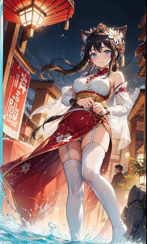 top quality，best resolution，(Soaked的白色长旗袍），super detailed, She has a white twin tail，20 years old young girl，Gorgeous的雕纹，Design intricate clothes，blue eyes，she has earrings, wealth，Gorgeous， Chinese headdress，Elegant and charming，Slightly curvy figure，((Wh...