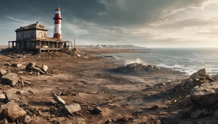 post-apocalyptic world, seas dried up, destroyed buildings, the only building complete and working is a lighthouse, it stands on the rocks surrounded by dried up land and rocks and destroyed houses. panoramic view, high resolution, immersive background, 8k...