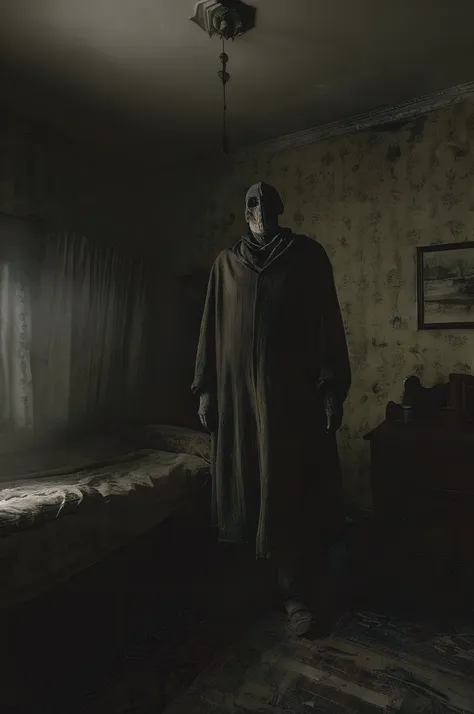 colour photograph mister blanket, a man-blanket hybrid standing in a bleak 1940s bedroom in england, dark, sinister, evil and me...