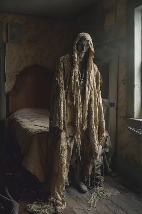 colour photograph mister blanket, a man-blanket hybrid standing in a bleak 1940s bedroom in england, dark, sinister, evil and me...