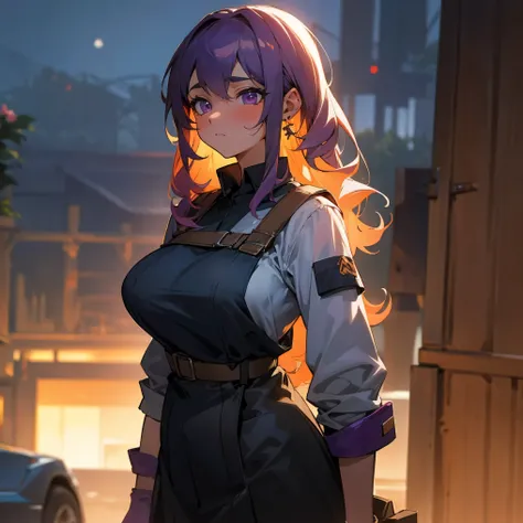 1female, adult, big breast, tan skin, finely detailed purple eyes, long curly hair, black ombre hair color, mechanic outfit, blushing, standing in garage, waterfall, night, village background, sleepy expression, earrings 