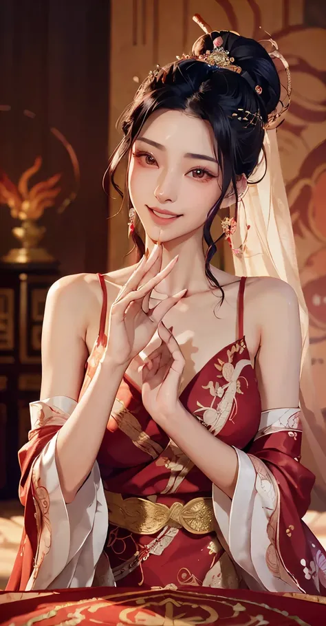 Black color hair（（Loose Chinese antique hairstyle，Floral hair ornaments，Wearing a white sheer silk shirt with large sleeves，Glossy，Multi-layer yarn，There is beautiful embroidery，））Skin that is white and red，Extreme picture quality（（（（Get close to the viewe...