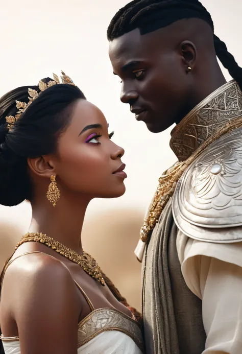 couple royal, amoureux, un prince et une princesse, peau sombre, Colored hair, Colorful eyes, jeune, beautiful, livre de couverture fantasy romance, royaume africain, celestial realm, realistic, insanely realistic, livre de couverture, 8K, realistic.HD, 4K...