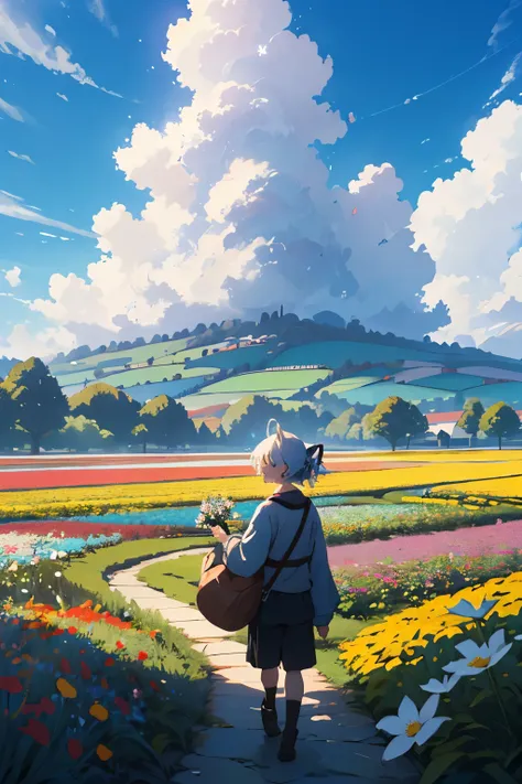 in the flower field, look at the sky, buterflly, blue sky, cloudy, sunny, character ghilbi vibes