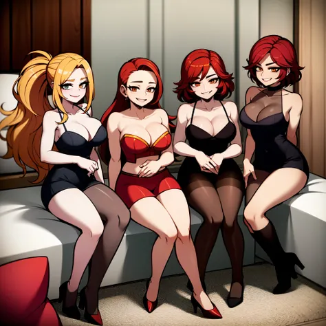 three sexy women looking at camera, flirtatious smiles, on bed, red, orange and auburn hair, lingerie outfits, portrait