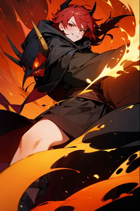 black horns, fire background, black cloak, fire outfit, red hair, young male, godly, lava background, evil smile