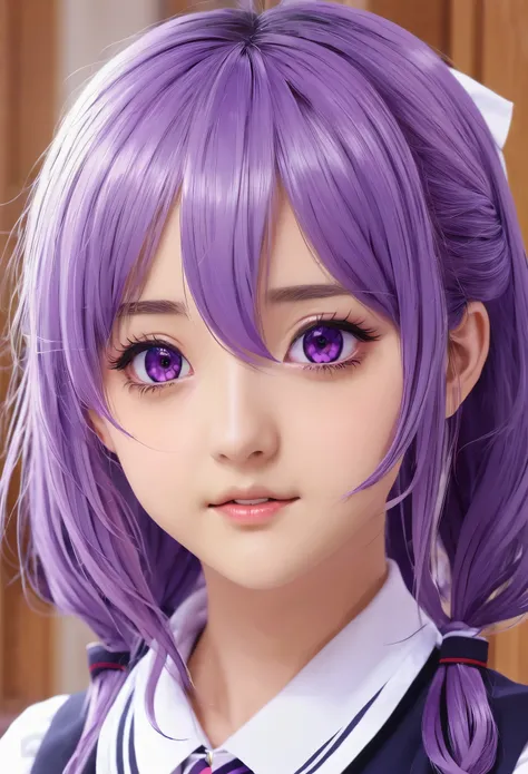 2d,masterpiece,best quality,anime,highly detailed,1girl,solo,yuri,purple eyes,purple hair,hair between eyes,hairclip,school uniform,yandere face