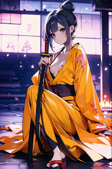 (8K、HighestQuali、tmasterpiece:1.2)、(hentail realism、pfotorealistic:1.37)、hyper-detailing,(1 girl:1.3),solo,full body,(side view:1.2),black hair,high single ponytail,black pupil,small breasts,Bandaids on Nipples,small ass,(Chest V-shaped outcuting:1.35),(Sa...