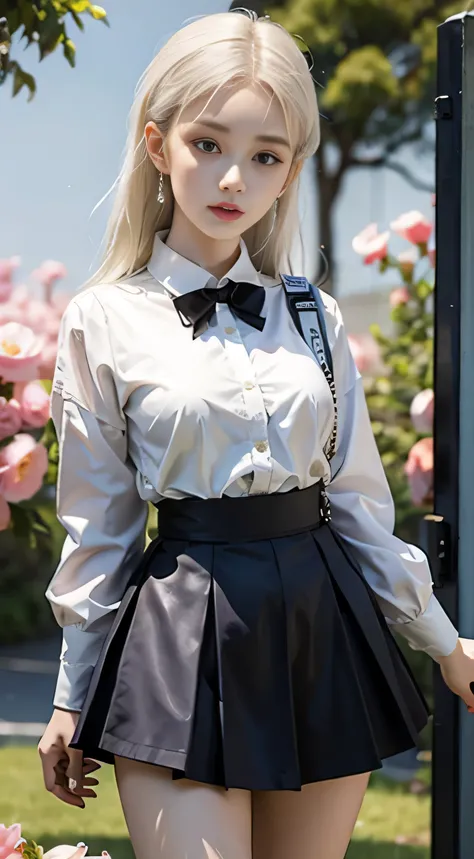 A woman was posing for a photo in the park, sakimicchan, perfect white haired girl, real life anime girls, Urzan, 🌺 CGS Association, Brutal Korean Goth Girl, style anime, korean girl, Shikami, JK school uniform, White shirt and gray skirt, Surrealist schoo...