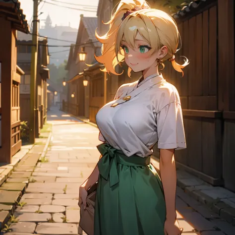 1female, adult, big breast, tan skin, finely detailed emerald green eyes, long curly ponytail, pale pink blonde ombre hair color, casual clothing, blushing, standing in alley, night, village background, excited expression, earrings, lanterns