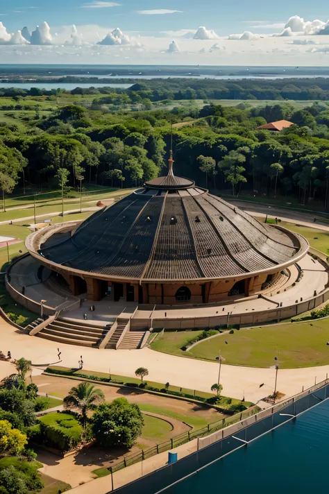 a large museum with modern and attractive architecture based on the indigenous architecture of the Tupi Guarani people, que fica no meio do mato, being part of an indigenous theme park.