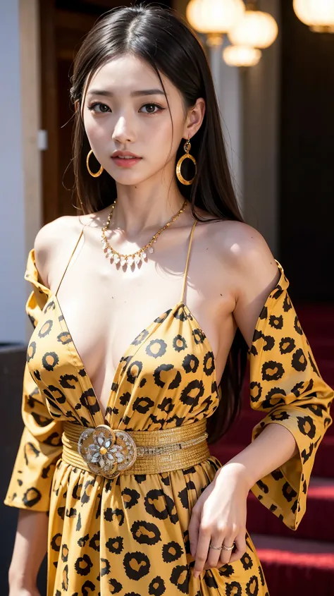 Woman in leopard print dress posing for a photo, 美しいjapanese woman, 18-year-old、sexy dress,sexy girl, gorgeous japanese model, Leopard print dress, Lovely lady, japanese goddess, gorgeous young japanese woman, japanese girl, japanese woman, necklace、earrin...