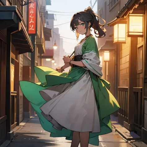 1female, adult, tan skin, finely detailed emerald green eyes, long wavy ponytail, pale pink ombre hair color, casual clothing, blushing, standing in alley, night, village background, excited expression, earrings, lanterns