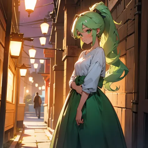 1female, adult, tan skin, finely detailed emerald green eyes, long wavy ponytail, pale pink ombre hair color, casual clothing, blushing, standing in alley, night, village background, excited expression, earrings, lanterns