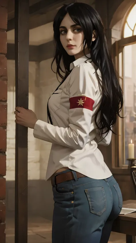 masterpiece, pieck from attack on titan in shirt and jeans beautiful women beautiful , backlight, medium  , medium thighs, sexy ...