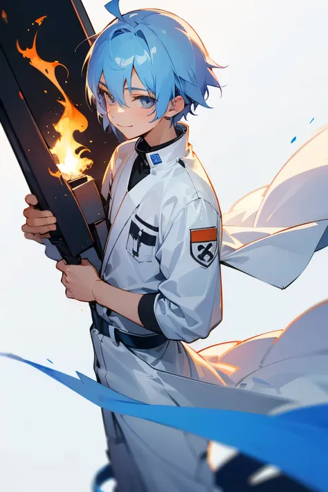 fire background, white outfit, blue hair, young male, silver eyes, smiling, short hair,
