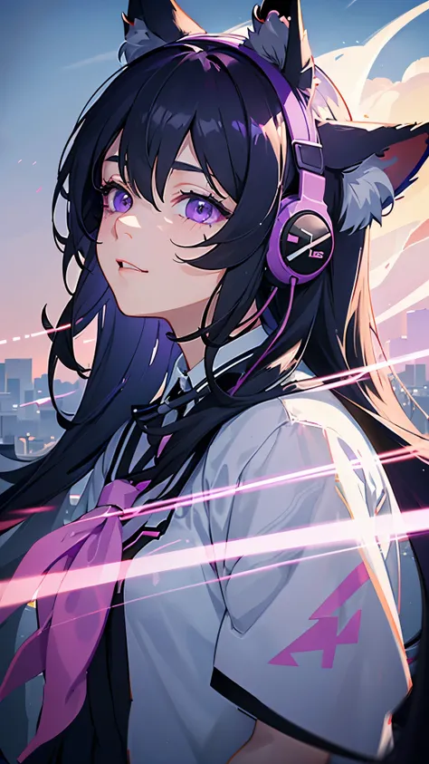 masterpiece, best quality, movie still, girl with animal ear headphone on, purple eye, black long hair, falling in the sky, gaming girl, cloud, school uniform (close-up:1.1), bright, happy, fun, soft lighting, (Bauhaus, shapes, lines, abstract:1.1)