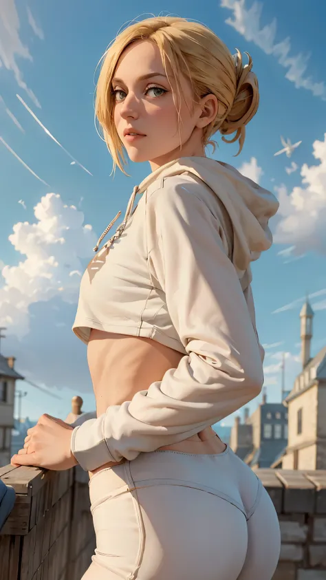 (best quality, masterpiece), AnnieAOT, solo, hood, hoodie, looking_at_viewer, day, sky, cloud, closed_mouth, outdoors, hood_down, long_sleeves, blue_sky, white_hoodie, blush, ass, building, cropped_hoodie, crop_top, from_side, pants, yoga_pants