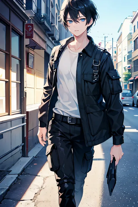 male　black hair　blue eyes　very short hair　one person　shirt　cargo pants　boots　walk around town　spring　masterpiece　Highest image quality　noise removal　clear parts 　cinematic shadow　Increases the attractiveness of the eyes　clear parts the shine of the eyes　dr...