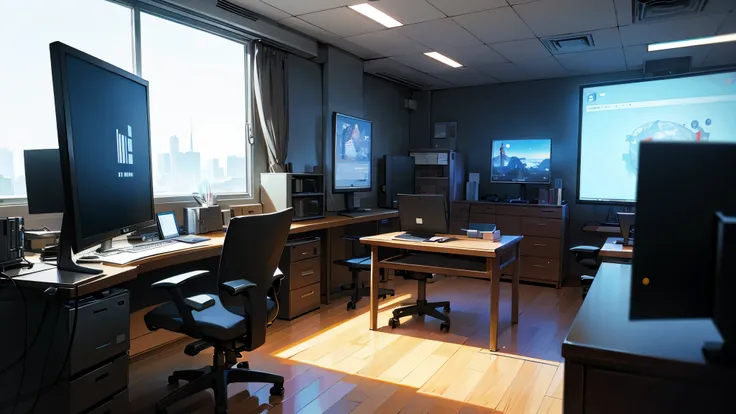 In this picturesque scene, we find ourselves in an impeccably organized and technologically advanced office space. The atmosphere exudes a sense of professionalism and efficiency. Dominating the background is an expansive, large TV, casting a soft glow tha...