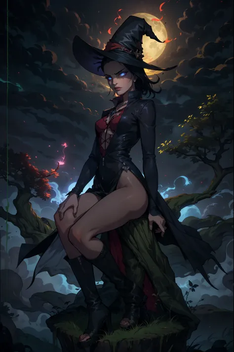 (best quality,4k,8k,highres,masterpiece:1.2),ultra-detailed,realistic, sensualizing Sarada as a witch, half-naked, with a great butt and large thighs, small breasts under the chest, dressed provocatively in a seductive manner, with a magical atmosphere and...