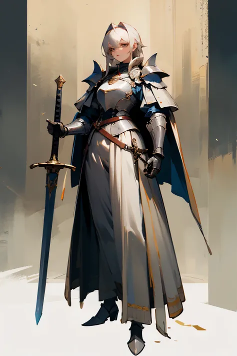 Make a full-length female knight standing holding a sword