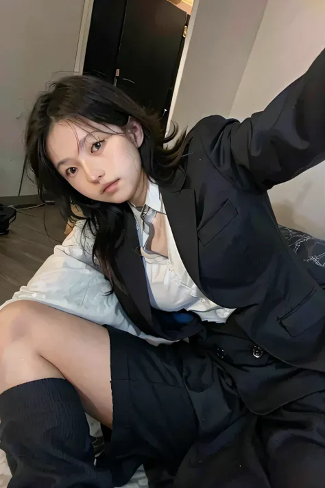 japanese teenager in a black business suit, sleep deprived, teenager, black hair, school girl