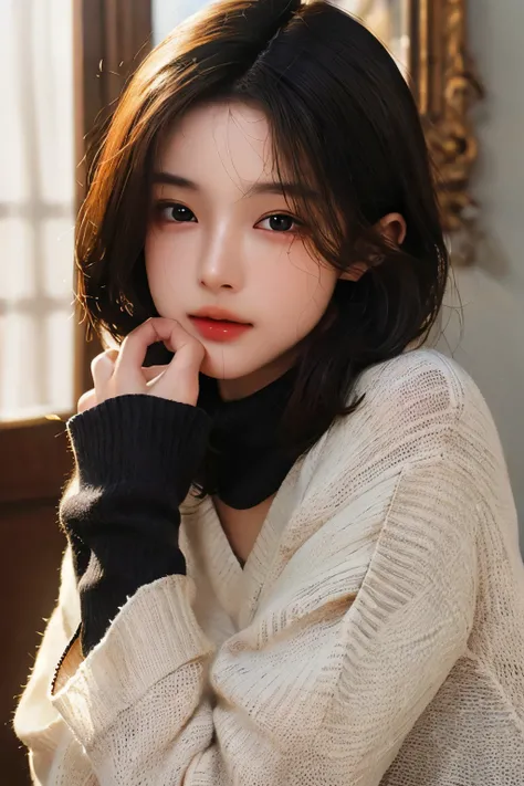 ultra high resolution,masterpiece,highest quality,
highly detailed face,fine eyes,very complicated,perfect shiny shiny skin,perfect lighting,detailed lighting,dramatic shadow,ray tracing,
1 girl,Upper body,black sweater,looking at the viewer,