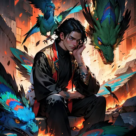 Perfect face, 30y male zombie, black hair, souls:0.1, lignhening:0.2, one-eyed, sitting next a single red peacock like bird Phoenix blazing in fire , contemplation, dark tones, two-dimensional, comics, masterpiece rich details.