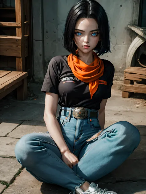 (masterpiece), best quality, expressive eyes, perfect face, highres, 1 girl, solo, android 17 girl, (female body:1.3), blue eyes, black short hair,parted hair,short hair, black shirt, jeans, layered shirt, white sleeves,orange bandana, blue sneakers, green...