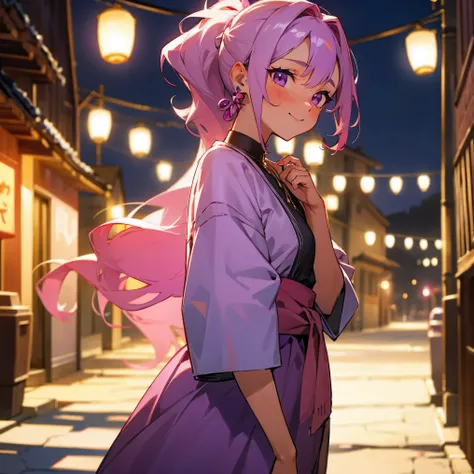 1female, adult, tan skin, finely detailed magenta eyes, long wavy ponytail, pale purple ombre hair color, casual clothing, blushing, standing in alley, night, village background, excited expression, earrings, lanterns